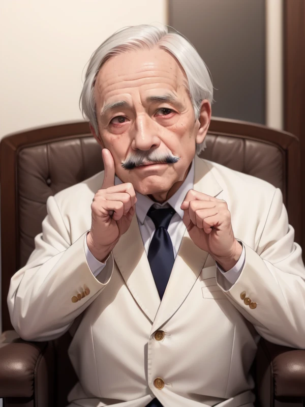 (An 80 years old man with nasolabial folds on his face:1.3), (white mustache:1.1), white suits, white short cut corners hair ,long brown red tie, beige jacket, his both fingers in front of his face, Werther's Original, sitting on the chair, glowing eyes, morinaga, age_spots, mole