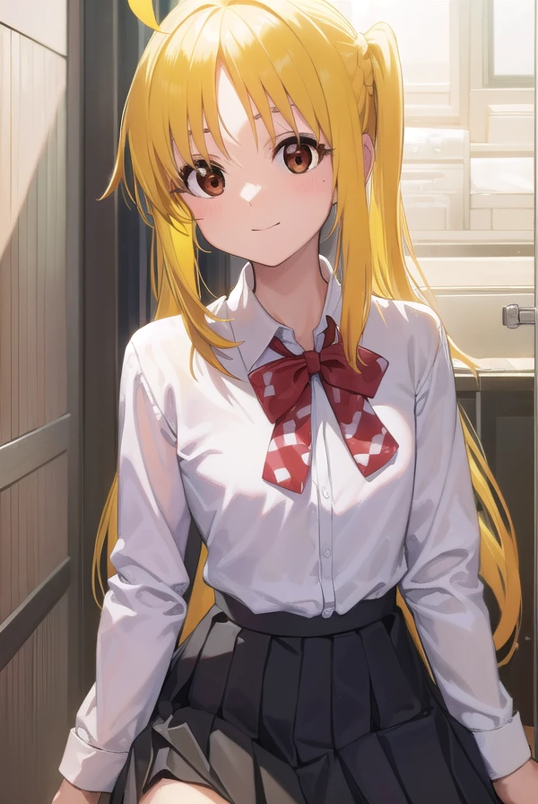 nijikaijichi, <lora:nijikaijichi-lora-nochekaiser:1>,
nijika ijichi, ahoge, (yellow hair:1.5), (brown eyes:1.5), long hair, one side up, (flat chest:1.2), smile,
BREAK (black skirt:1.5), bow, bowtie, collared shirt, pleated skirt, polka dot, polka dot bow, red bow, (red bowtie:1.5), red footwear, shirt, shoes, short sleeves, skirt, socks, (white shirt:1.5), white socks,
BREAK indoors, classroom,
BREAK looking at viewer, (cowboy shot:1.5),
BREAK <lyco:GoodHands-beta2:1>, (masterpiece:1.2), best quality, high resolution, unity 8k wallpaper, (illustration:0.8), (beautiful detailed eyes:1.6), extremely detailed face, perfect lighting, extremely detailed CG, (perfect hands, perfect anatomy),