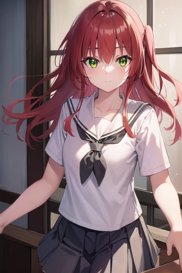 kitaikuyo, <lora:ikuyokita-lora-nochekaiser:1>,
ikuyo kita, (green eyes:1.5), hair between eyes, long hair, one side up, red hair, (flat chest:1.2), smile,
BREAK black footwear, black skirt, grey sailor collar, pleated skirt, sailor collar, school uniform, shoes, short sleeves, shuka high school uniform, skirt,,
BREAK indoors, classroom,
BREAK looking at viewer, (cowboy shot:1.5),
BREAK <lyco:GoodHands-beta2:1>, (masterpiece:1.2), best quality, high resolution, unity 8k wallpaper, (illustration:0.8), (beautiful detailed eyes:1.6), extremely detailed face, perfect lighting, extremely detailed CG, (perfect hands, perfect anatomy),