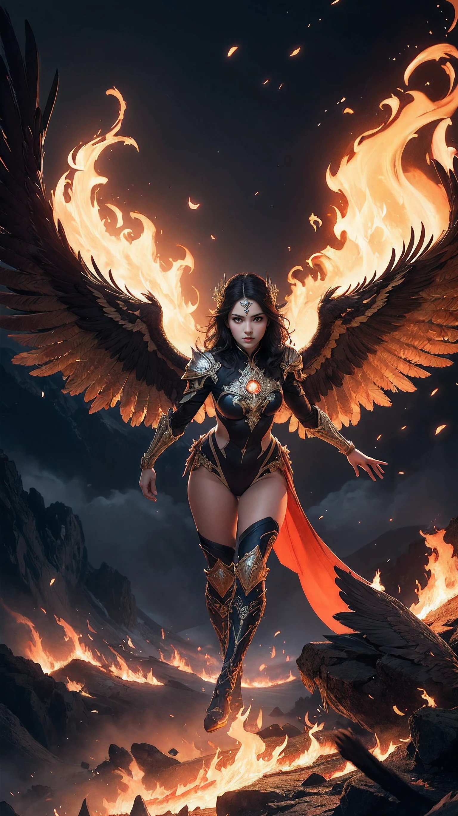 (1girl), upper shot, (fantasy style:1.2), (high quality:1.3), (best quality:1.3), (masterpiece:1.3), official art, official wallpaper, 4k textures, epic(1.5), (phoenix woman), blackphoenix, black hair, (detailedfeathers), (fierywings), aggressivepose, midflight, (detailedplumage), glowingeffects, darkbackground, fire, flames, dramaticlighting, fireandicecontrast, (detailed:1.05), (extremely detailed:1.06), (sharp focus:0.83), (intricate:1.03), (extremely intricate:1.04), (epic scenery:1.09), (soothing tones:0.83), (hdr:0.83), (beautiful scenery:1.08), (detailed scenery:1.08), (intricate scenery:1.07), (wonderful scenery:1.05), (beautiful face:1.1), ([perfect eyes:0.8]:0.83), ([perfect skin:0.8]:0.83), ([detailed face:0.8]:0.83), ([detailed eyes:0.8]:0.83), ([detailed hair:0.9]:0.83), ([detailed lips:0.8]:0.83),