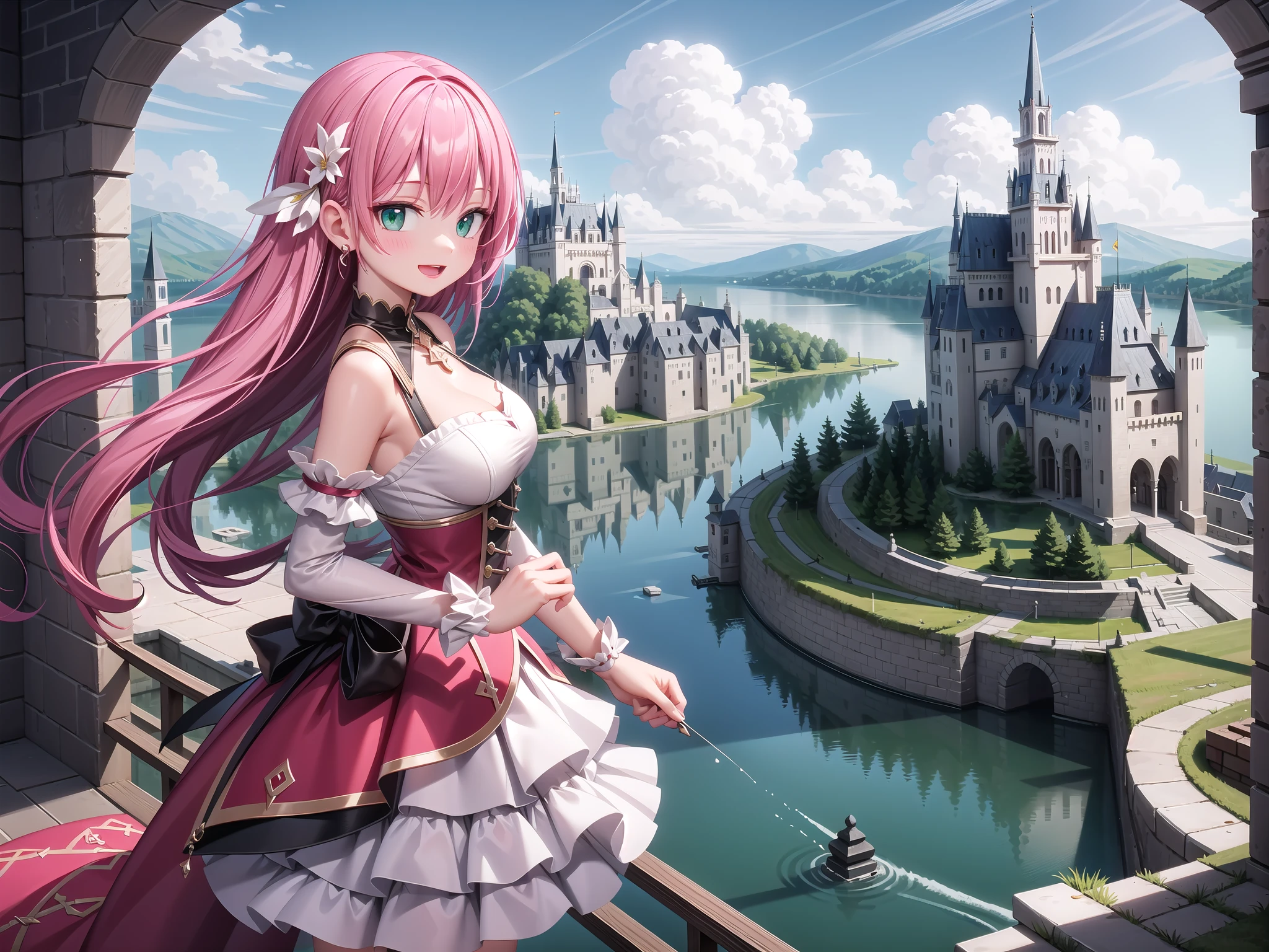 insanely detailed, absurdres, ultra-highres, ultra-detailed, best quality,
1 girl, solo, nice hands, perfect hands,
BREAK,
(wearing princess dress), teara,
happy smile, laugh, open mouth,
standing,
from side, cowboy shot, looking at viewer,
BREAK,
slender, kawaii, perfect symmetrical face, ultra cute girl, ultra cute face, ultra detailed eyes, ultra detailed hair, ultra cute, ultra beautiful,
BREAK,
fantasy world, (castle in background, lake:1.3), (very wide, panorama view, sense of depth, magnificent view:1.3)
BREAK,
princess girl, pink hair, green eyes, medium breasts