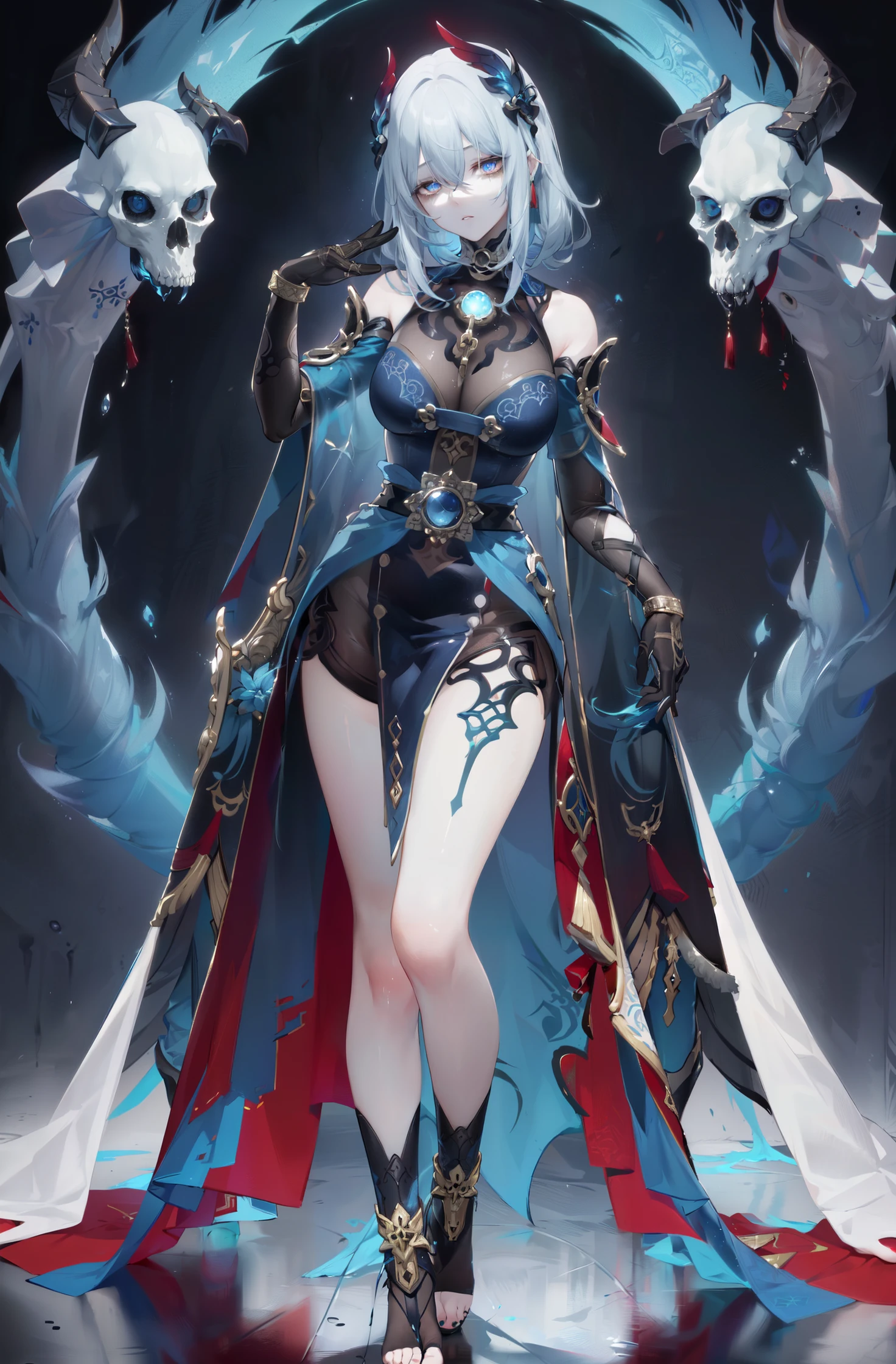 Close up of cartoon character with blue flame, dark witch角色, dark witch fullbody pose, Mechanized devil child, Holy Necromancer Girl, dark witch full view, Dark Demon Dancer, Six-armed Dark Goddess, dark witch, Mysterious art style, Powerful busty witch,(((Full and soft breasts,)))(((Huge breasts))) (((Cleavage))) (Perfect curvy figure),