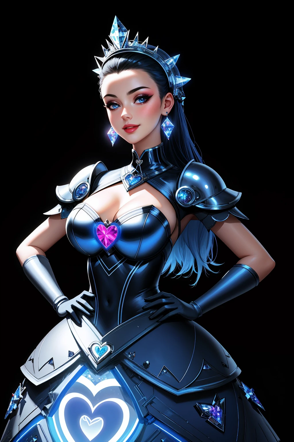 ((Masterpiece, best quality,edgQuality)),solo,1girl,smiling,excited,hands on hip,
ballgown,a woman with a blue face and a clear helmet ,wearing edgFut_clothing and [futuristic headpiece|visor] ,wearing a ballgown, neons, electric circuits,(crystals levitating,heart symbol)
 <lora:edgFuturisticGown:1>