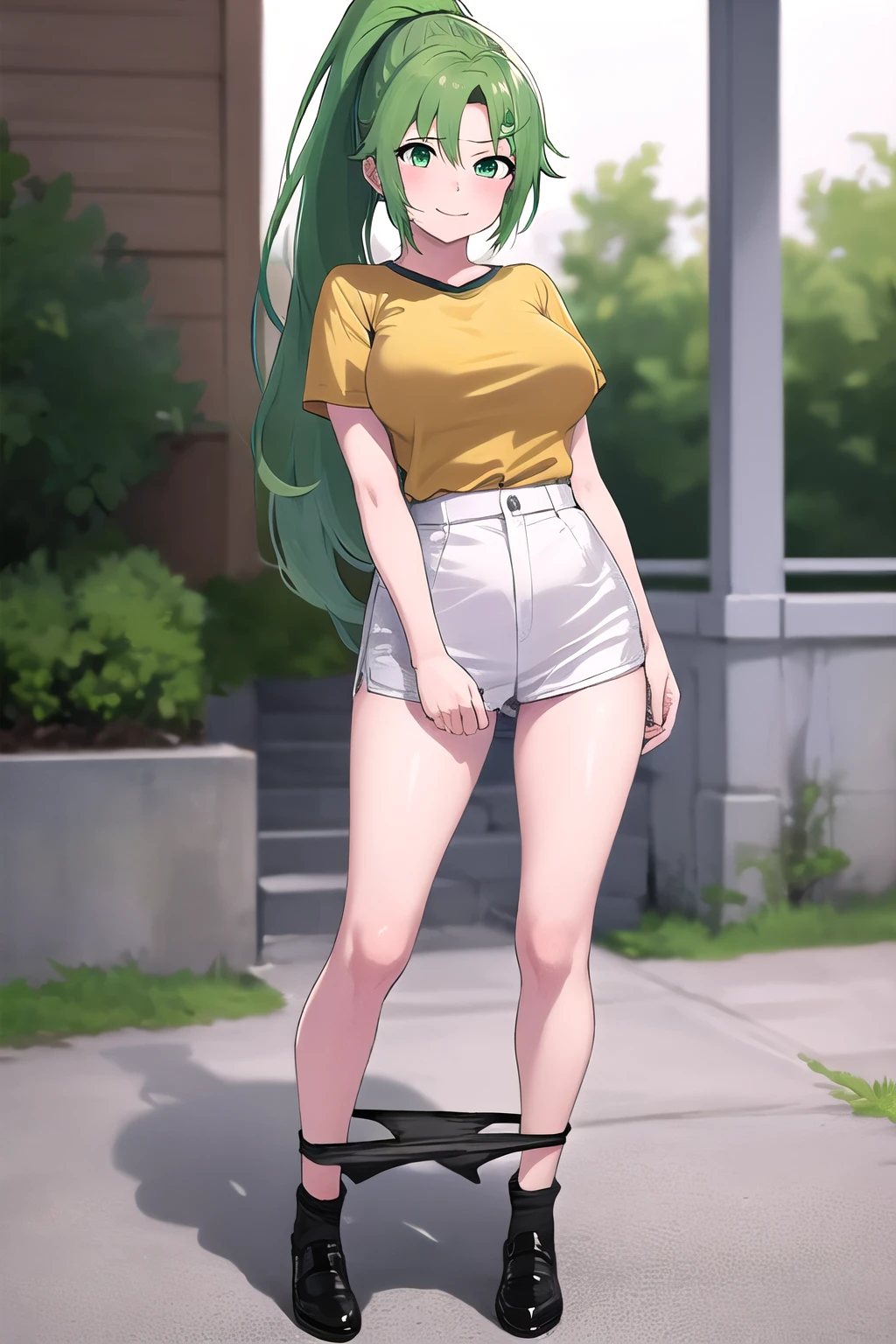 masterpiece, best quality, ultra-detailed, panties around ankles, 1girl,  panty pull, Mion Sonozaki, green hair, green eyes, ponytail, yellow tee, standing