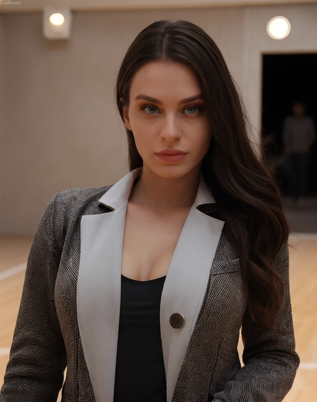 (realistic, photorealistic), cinematic film still breathtaking  <lora:quiron_LanaRhoades_v2_Lora:0.67> LanaRhoadesQuiron woman,  a woman in action pose,  . award-winning, professional, highly detailed . shallow depth of field, vignette, highly detailed, high budget Hollywood movie, bokeh, cinemascope, moody, epic, gorgeous, film grain, grainy, realistic,  a woman Volleyball wearing Blazer and Velvet joggers: Casual, comfortable pants made from velvet fabric.,,  (high quality skin), (high detailed face skin), (realistic iris), (realistic pupils), (skin pores), (skin imperfections:0.27),