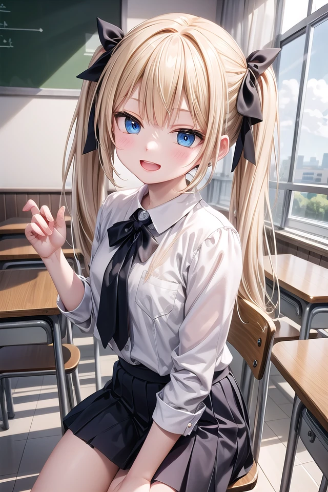 insanely detailed, absurdres, ultra-highres, ultra-detailed, best quality,
1 girl, solo, 16 years old, nice hands, perfect hands,
BREAK,
wearing summer school uniform,
evil smile, open mouth,
sitting,
45 angle, cowboy shot, looking at viewer,
BREAK,
slender, kawaii, perfect symmetrical face, ultra cute girl, ultra cute face, ultra detailed eyes, ultra detailed hair, ultra cute, ultra beautiful,
by Canon EOS, SIGMA Art Lens 35mm F1.4, ISO 200 Shutter Speed 2000,
BREAK,
indoors, in classroom,
blonde hair, twintails, blue eyes