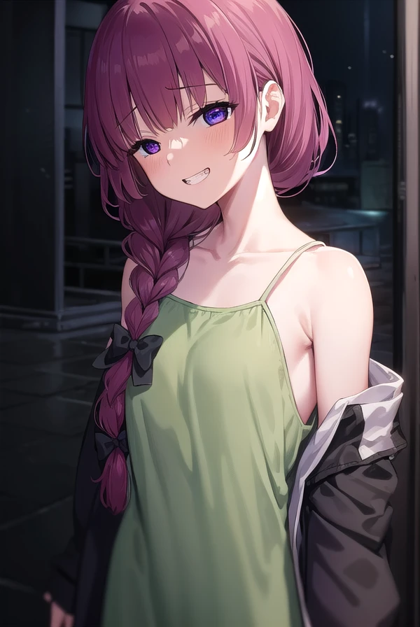 hiroikikuri, <lora:kikurihiroi-lora-nochekaiser:1>,
kikuri hiroi, black bow, blunt bangs, braid, closed eyes, fang, hair bow, hair over shoulder, long hair, purple hair, sidelocks, single braid, smile, grin, fangs, teeth,
BREAK black jacket, brown footwear, collarbone, dress, green dress, jacket, long sleeves, open clothes, open jacket, raglan sleeves, sandals, white sleeves,
BREAK outdoors, city, crowd, people,
BREAK looking at viewer, (cowboy shot:1.5),
BREAK <lyco:GoodHands-beta2:1>, (masterpiece:1.2), best quality, high resolution, unity 8k wallpaper, (illustration:0.8), (beautiful detailed eyes:1.6), extremely detailed face, perfect lighting, extremely detailed CG, (perfect hands, perfect anatomy),
