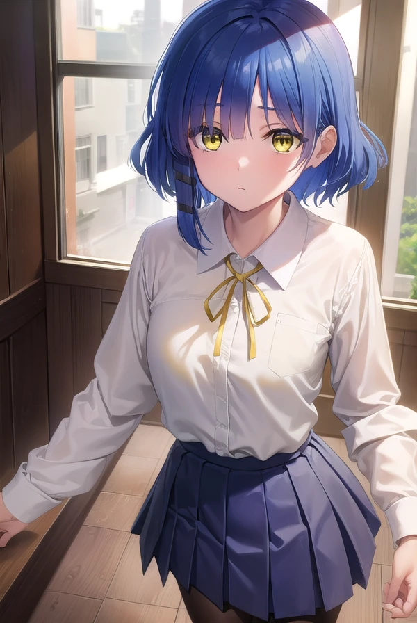 ryouyamada, <lora:ryouyamada-lora-nochekaiser:1>,
ryou yamada, blue hair, eyes visible through hair, mole, mole under eye, short hair, (yellow eyes:1.5), hairclips,
BREAK black pantyhose, black ribbon, blue skirt, brown footwear, loafers, long sleeves, pantyhose, ribbon, school uniform, shimokitazawa high school uniform, shirt, shoes, skirt, white shirt,,
BREAK indoors, classroom,
BREAK looking at viewer, (cowboy shot:1.5),
BREAK <lyco:GoodHands-beta2:1>, (masterpiece:1.2), best quality, high resolution, unity 8k wallpaper, (illustration:0.8), (beautiful detailed eyes:1.6), extremely detailed face, perfect lighting, extremely detailed CG, (perfect hands, perfect anatomy),