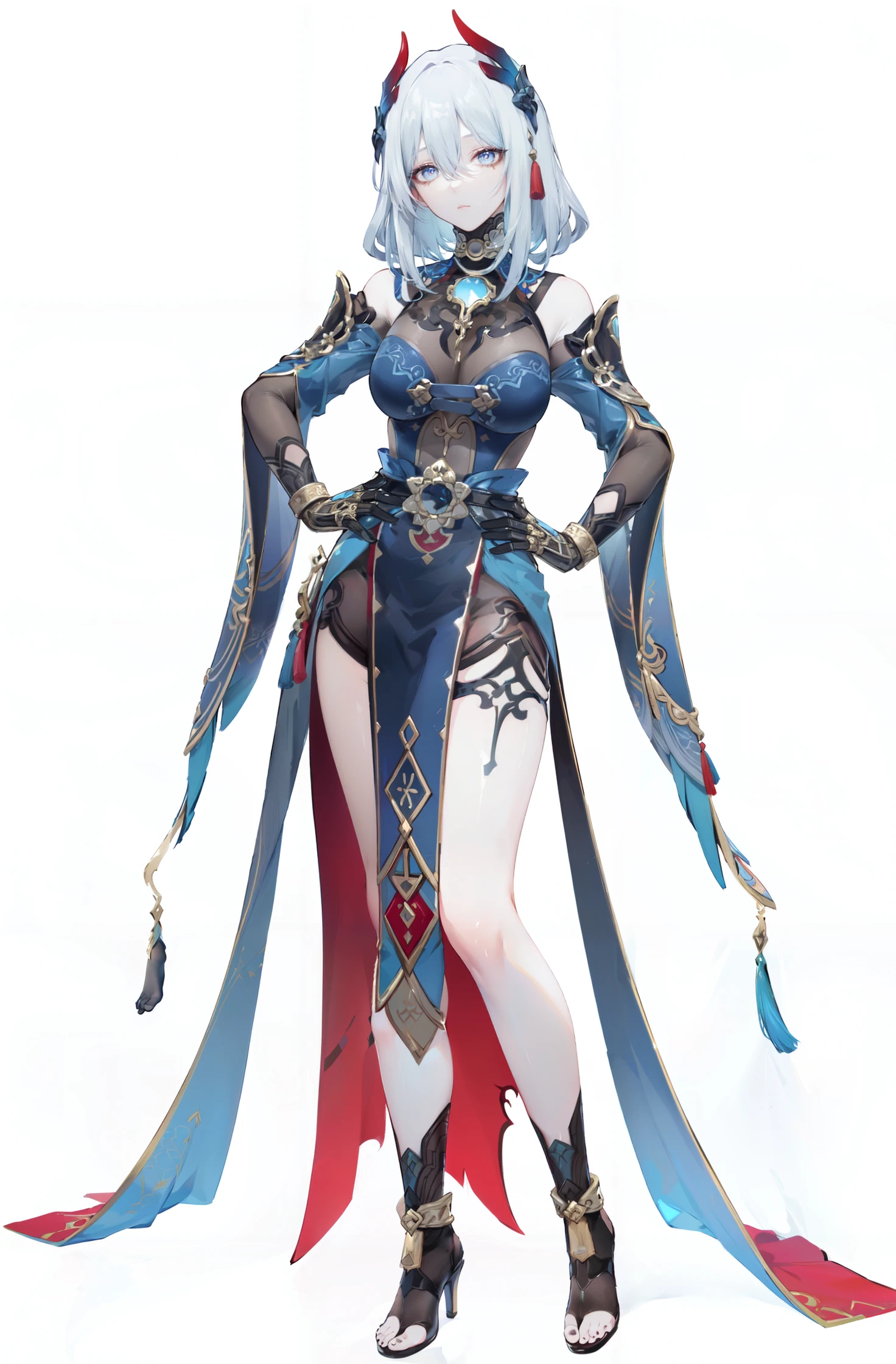 8k, best quality, masterpiece, (ultra-detailed:1.1), (high detailed skin),
(full body:1.4), white background, standing, looking at viewer, (solo:1.3), hand on hip,
<lora:hanya-v100-000027:0.75:lbw=OUTALL>, (hanya, hair ornament:1.1), 1girl, gloves, breasts, toenail polish,makeup, grey eyes,green pupils,
(white background, simple background:1.4),
<lora:EnvyBetterHands LoCon_beta2 è¾
å©:0.55>, ( good hands, nice hands:0.5),
(beautiful_face), ((intricate_detail)), clear face,
((finely_detailed)), fine_fabric_emphasis,
((glossy)), full_shot,