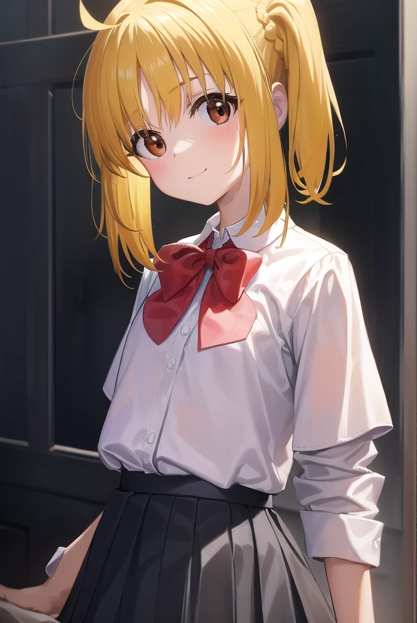 nijikaijichi, <lora:nijikaijichi-lora-nochekaiser:1>,
nijika ijichi, ahoge, (yellow hair:1.5), (brown eyes:1.5), long hair, one side up, (flat chest:1.2), smile,
BREAK (black skirt:1.5), bow, bowtie, collared shirt, pleated skirt, polka dot, polka dot bow, red bow, (red bowtie:1.5), red footwear, shirt, shoes, short sleeves, skirt, socks, (white shirt:1.5), white socks,
BREAK indoors, classroom,
BREAK looking at viewer, (cowboy shot:1.5),
BREAK <lyco:GoodHands-beta2:1>, (masterpiece:1.2), best quality, high resolution, unity 8k wallpaper, (illustration:0.8), (beautiful detailed eyes:1.6), extremely detailed face, perfect lighting, extremely detailed CG, (perfect hands, perfect anatomy),