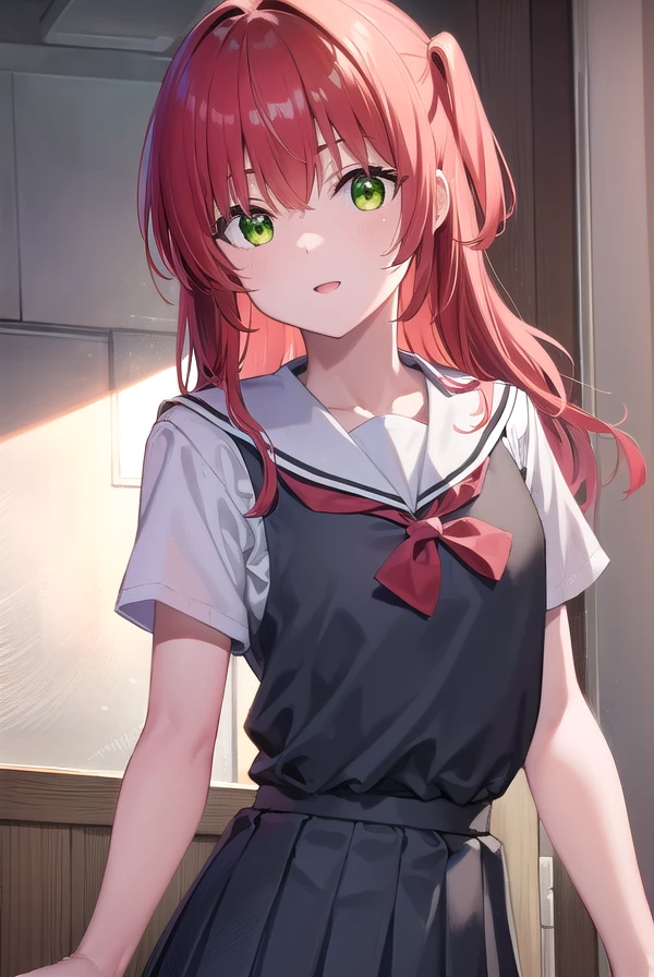 kitaikuyo, <lora:ikuyokita-lora-nochekaiser:1>,
ikuyo kita, (green eyes:1.5), hair between eyes, long hair, one side up, red hair, (flat chest:1.2), smile,
BREAK black footwear, black skirt, grey sailor collar, pleated skirt, sailor collar, school uniform, shoes, short sleeves, shuka high school uniform, skirt,,
BREAK indoors, classroom,
BREAK looking at viewer, (cowboy shot:1.5),
BREAK <lyco:GoodHands-beta2:1>, (masterpiece:1.2), best quality, high resolution, unity 8k wallpaper, (illustration:0.8), (beautiful detailed eyes:1.6), extremely detailed face, perfect lighting, extremely detailed CG, (perfect hands, perfect anatomy),