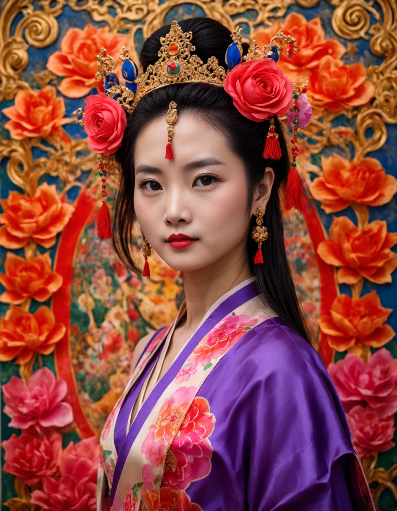 A Photograph of a young chinese woman in a realistic professional photoshoot, silk cloths, Capture her graceful beauty as she poses amidst a vibrant temple backdrop., undefined