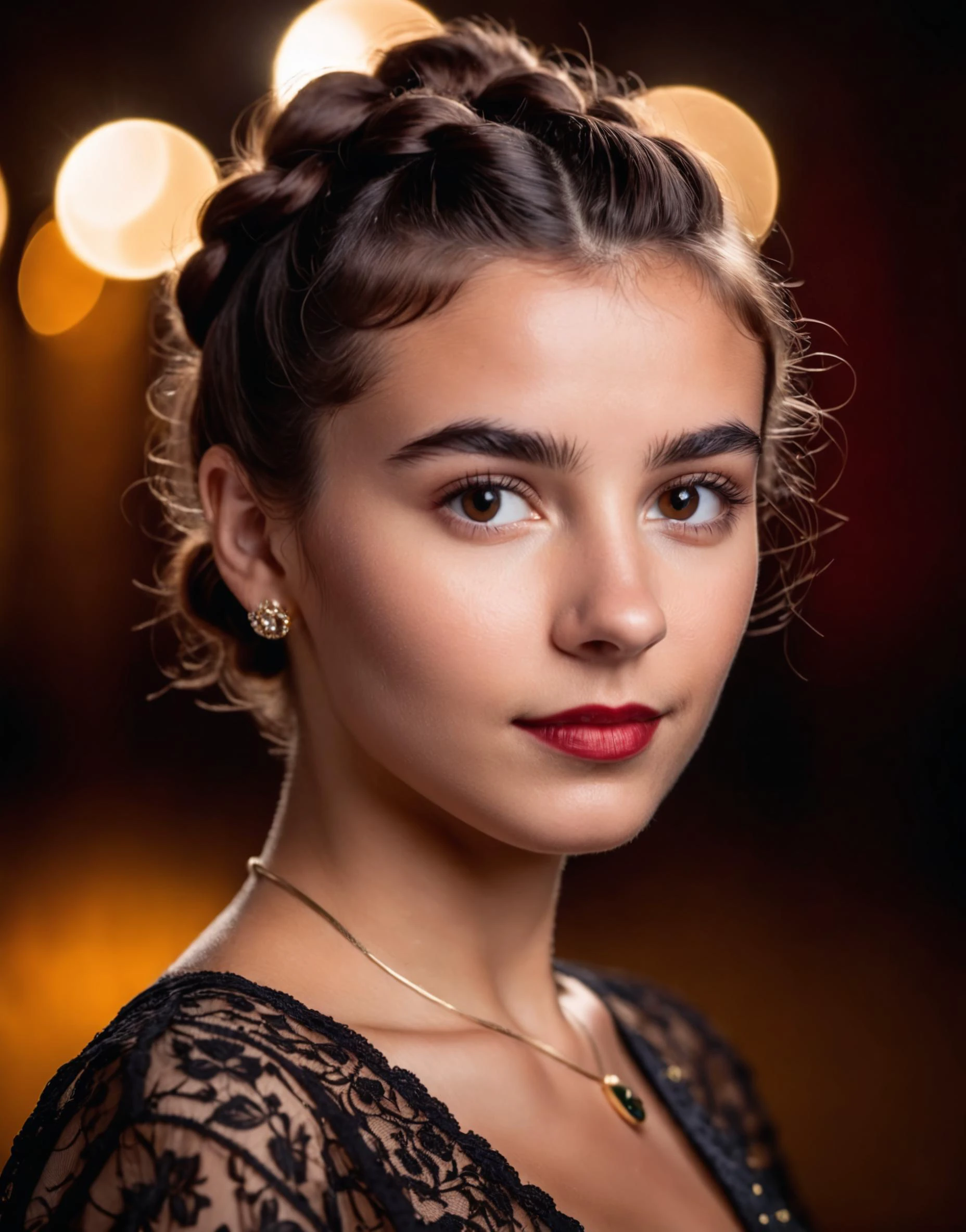 photo of a spanish girl, 20 years old, short hair, hairknot, beautiful spanish clothes, high quality photography, 3 point lighting, flash with softbox, 4k, Canon EOS R3, hdr, smooth, sharp focus, high resolution, award winning photo, 80mm, f2.8, bokeh