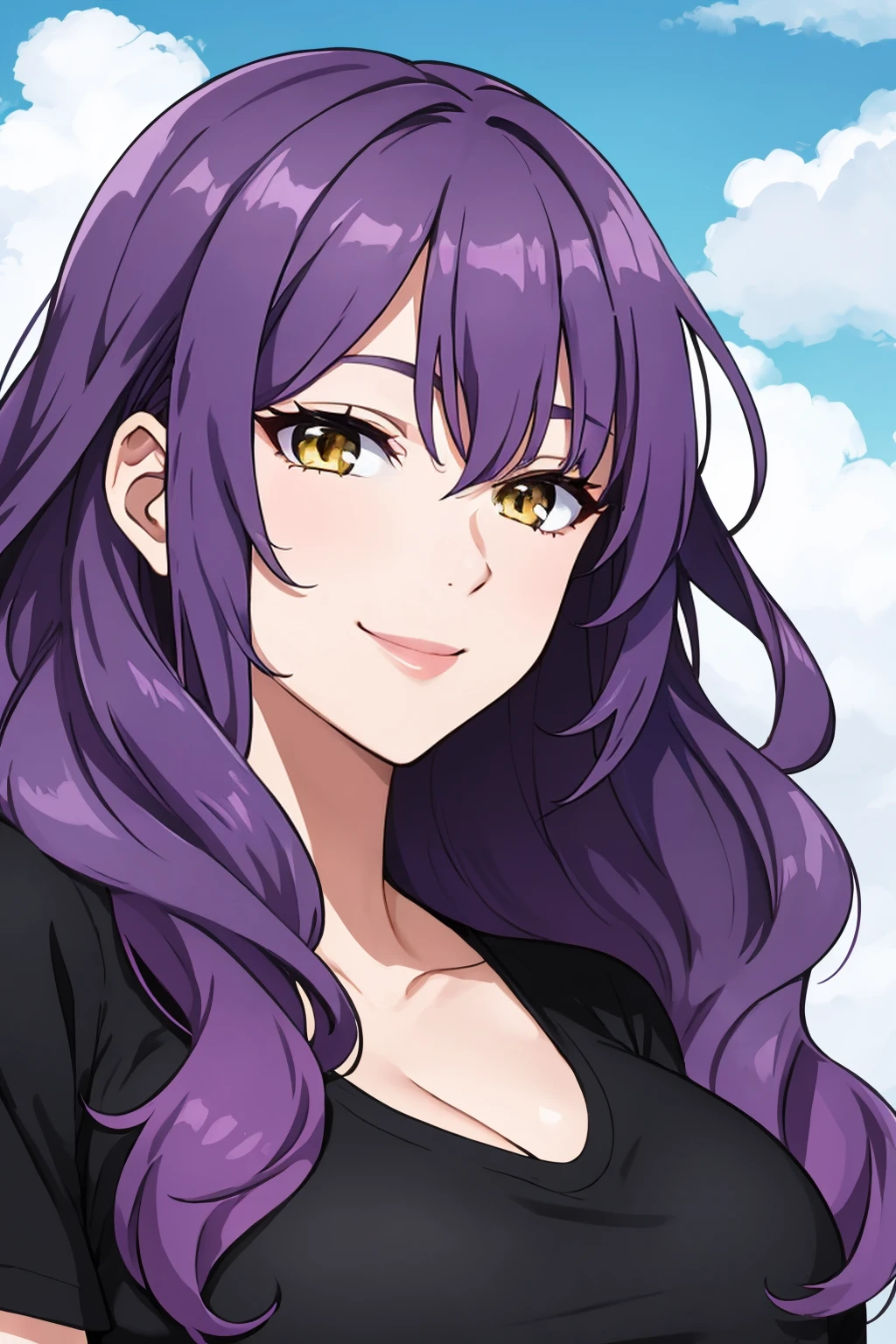 masterpiece, best quality, solo, mature female,
long hair, wavy hair, purple hair, yellow eyes, large breasts, black t-shirt, seductive smile,
portrait, cloudy sky,