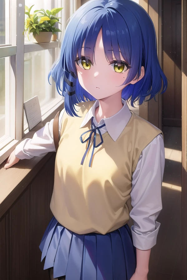ryouyamada, <lora:ryouyamada-lora-nochekaiser:1>,
ryou yamada, blue hair, eyes visible through hair, mole, mole under eye, short hair, (yellow eyes:1.5), hairclips,
BREAK black pantyhose, black ribbon, blue skirt, brown footwear, loafers, long sleeves, pantyhose, ribbon, school uniform, shimokitazawa high school uniform, shirt, shoes, skirt, white shirt,,
BREAK indoors, classroom,
BREAK looking at viewer, (cowboy shot:1.5),
BREAK <lyco:GoodHands-beta2:1>, (masterpiece:1.2), best quality, high resolution, unity 8k wallpaper, (illustration:0.8), (beautiful detailed eyes:1.6), extremely detailed face, perfect lighting, extremely detailed CG, (perfect hands, perfect anatomy),