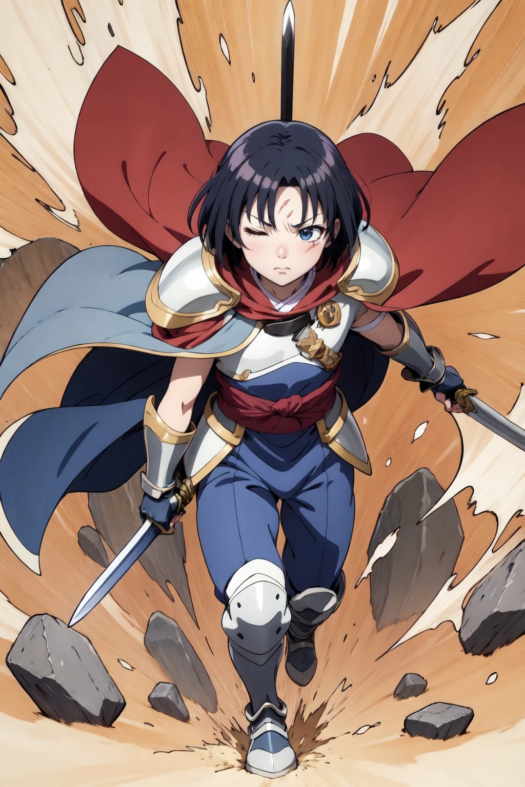 masterpiece, best quality, highly detailed, dynamic angle, from above, running fighting stance, attack battle form, floating debris dust stones winds, armor, one eye closed, scar, bandages, black hair, cape, male focus, manly, holding sword, huge sword, holding, traditional media, weapon, full moon, (realistic_nose:-1), (anime coloring:1.2), (flat_color:1)
