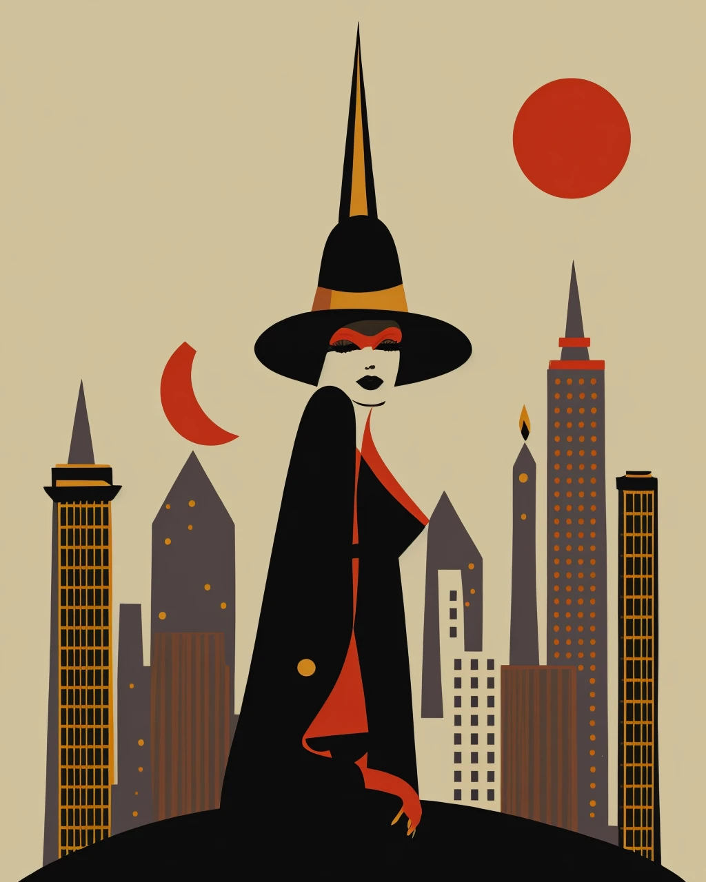 Illustration of a city at night where a woman wearing a hat poses for a picture, black makeup, shiny glossy, dark night, <lora:Vintage_vibes_SD15:0.75> , vintage_vibes