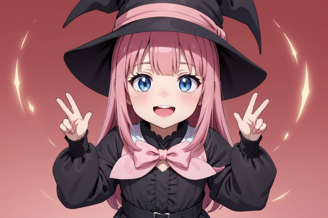 masterpiece,(best quality, high quality, highres:1.2), a woman in a witches hat and black dress with lights behind her and a pink background with a starburst, blurry, depth_of_field, facing_viewer, red_background, red_sky, smile, solo, bloodborne, a hologram, magical realism, (flat_color:1.1), (anime_coloring:1.1), (realistic_nose:-0.8),(megami magazine:1.1), open hands, pink hair