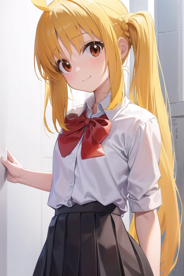 nijikaijichi, <lora:nijikaijichi-lora-nochekaiser:1>,
nijika ijichi, ahoge, (yellow hair:1.5), (brown eyes:1.5), long hair, one side up, (flat chest:1.2), smile,
BREAK (black skirt:1.5), bow, bowtie, collared shirt, pleated skirt, polka dot, polka dot bow, red bow, (red bowtie:1.5), red footwear, shirt, shoes, short sleeves, skirt, socks, (white shirt:1.5), white socks,
BREAK indoors, classroom,
BREAK looking at viewer, (cowboy shot:1.5),
BREAK <lyco:GoodHands-beta2:1>, (masterpiece:1.2), best quality, high resolution, unity 8k wallpaper, (illustration:0.8), (beautiful detailed eyes:1.6), extremely detailed face, perfect lighting, extremely detailed CG, (perfect hands, perfect anatomy),