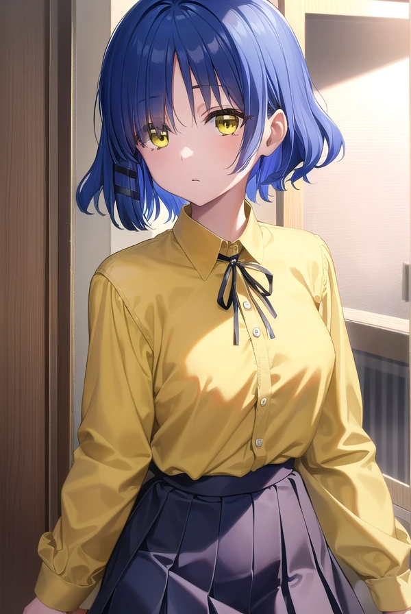 ryouyamada, <lora:ryouyamada-lora-nochekaiser:1>,
ryou yamada, blue hair, eyes visible through hair, mole, mole under eye, short hair, (yellow eyes:1.5), hairclips,
BREAK black pantyhose, black ribbon, blue skirt, brown footwear, loafers, long sleeves, pantyhose, ribbon, school uniform, shimokitazawa high school uniform, shirt, shoes, skirt, white shirt,,
BREAK indoors, classroom,
BREAK looking at viewer, (cowboy shot:1.5),
BREAK <lyco:GoodHands-beta2:1>, (masterpiece:1.2), best quality, high resolution, unity 8k wallpaper, (illustration:0.8), (beautiful detailed eyes:1.6), extremely detailed face, perfect lighting, extremely detailed CG, (perfect hands, perfect anatomy),