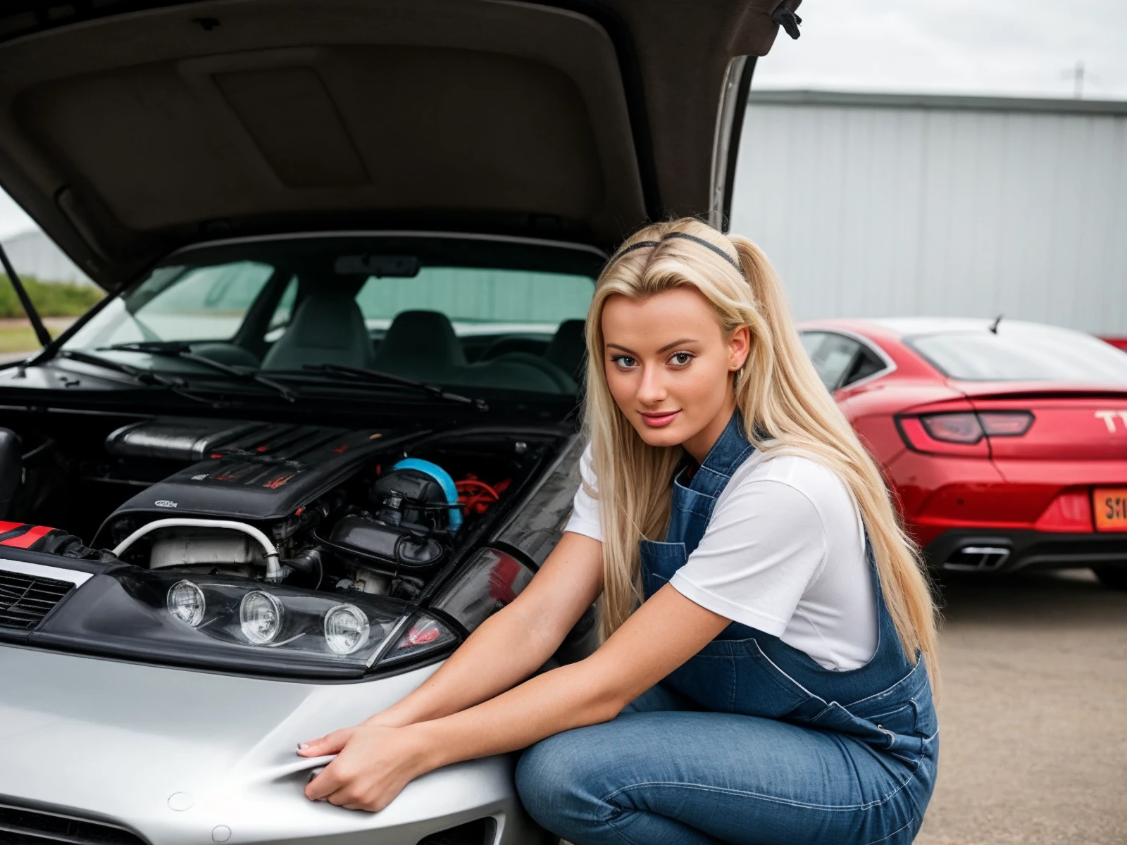 RAW photo of woman leaning over the hood of a car, dirty hands, she is repairing the engine, she is absorbed in the process of work, from side shot, she is looking at the engine of the car, overalls over t-shirt, (best quality), extremely detailed BREAK ca39mv6-110