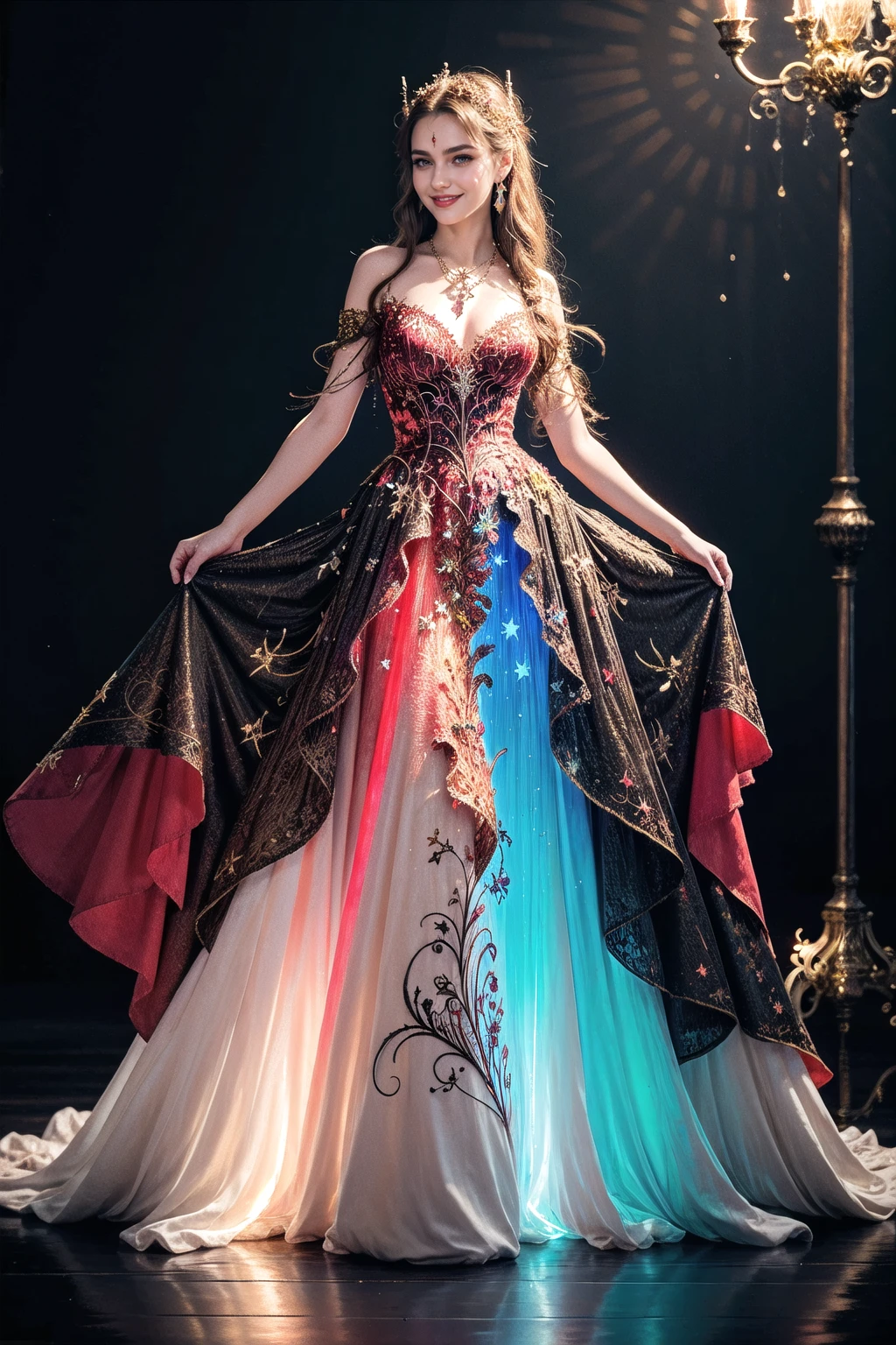 <lora:wrenchfaeflare:1>, wrenchfaeflare, glowing, 1girl, embroidery, accessories, necklace, earrings, reflection, multicolored clothes, refraction, red theme, red dress, pinstripe pattern, light smile, long hair, hair ornament, splash art,
