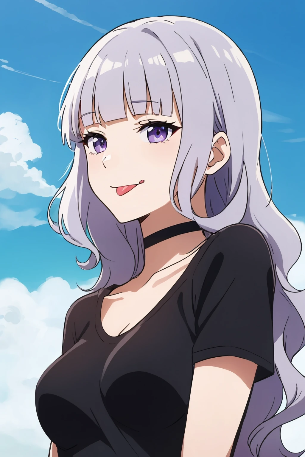 masterpiece, best quality, solo, anime screencap, sketch, 
long hair, wavy hair, blunt bangs, purple eyes, silver hair, medium breasts, black t-shirt, tongue out, smile, choker,
blue sky,