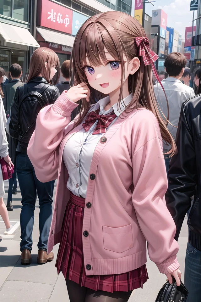 insanely detailed, absurdres, ultra-highres, ultra-detailed, best quality,
1girl, solo, nice hands, perfect hands,
BREAK
(School Uniforms:1.2), (pink cardigan is fit body:1.4), ((do up a buttons, not loose):1.5), ((long sleeve, sleeves past wrists):1.2), (inner wear is white collared-shirt:1.3), (red plaid-pattern bow:1.3), (red plaid-pattern pleated skirt:1.3), ((dark-brown pantyhose, loafers):1.2) ,
BREAK
happy smile, laugh, open mouth, standing,
from side,
cute pose, cowboy shot,
BREAK
slender, kawaii, perfect symmetrical face, ultra cute girl, ultra cute face, ultra detailed eyes, ultra detailed hair, ultra cute, ultra beautiful,
BREAK
in harajuku, shibuya, tokyo, street, crowd, cityscape,
BREAK
medium large breasts,
(brown hair, brown eyes), hime cut
