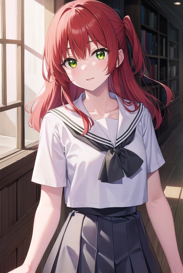 kitaikuyo, <lora:ikuyokita-lora-nochekaiser:1>,
ikuyo kita, (green eyes:1.5), hair between eyes, long hair, one side up, red hair, (flat chest:1.2), smile,
BREAK black footwear, black skirt, grey sailor collar, pleated skirt, sailor collar, school uniform, shoes, short sleeves, shuka high school uniform, skirt,,
BREAK indoors, classroom,
BREAK looking at viewer, (cowboy shot:1.5),
BREAK <lyco:GoodHands-beta2:1>, (masterpiece:1.2), best quality, high resolution, unity 8k wallpaper, (illustration:0.8), (beautiful detailed eyes:1.6), extremely detailed face, perfect lighting, extremely detailed CG, (perfect hands, perfect anatomy),