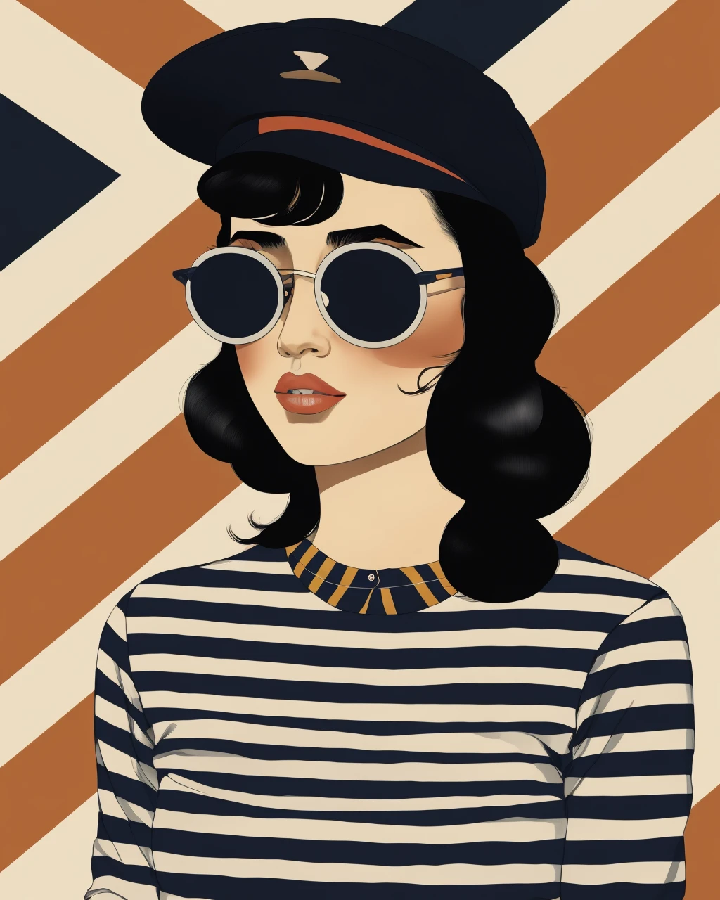 1girl, baseball cap, black hair, breasts, earrings, glasses, hat, horizontal stripes, jewelry, lips, shadow, shirt, solo, striped, striped headwear, striped shirt, upper body, vertical stripes,  <lora:Vintage_vibes_SD15:0.75> , vintage_vibes