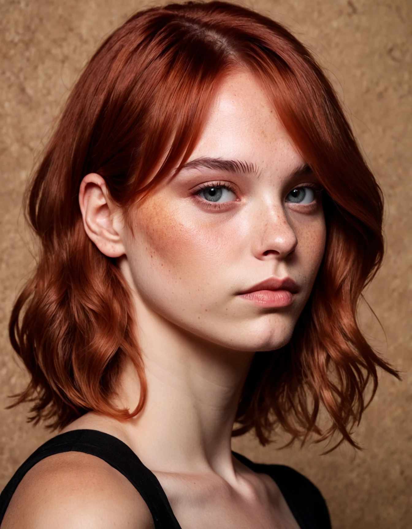 photo of 18 y.o woman, perfect eyes, short red hair, braid, looks at viewer, cinematic shot, hard shadows, RAW candid cinema, 16mm, color graded portra 400 film, remarkable color, ultra realistic, textured skin, remarkable detailed pupils, realistic dull skin noise, visible skin detail, skin fuzz, dry skin, shot with cinematic camera, high quality photography, 3 point lighting, flash with softbox, 4k, Canon EOS R3, hdr, smooth, sharp focus, high resolution, award winning photo, 80mm, f2.8, bokeh, undefined