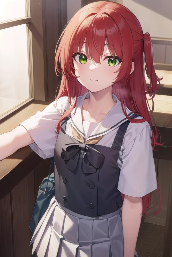 kitaikuyo, <lora:ikuyokita-lora-nochekaiser:1>,
ikuyo kita, (green eyes:1.5), hair between eyes, long hair, one side up, red hair, (flat chest:1.2), smile,
BREAK black footwear, black skirt, grey sailor collar, pleated skirt, sailor collar, school uniform, shoes, short sleeves, shuka high school uniform, skirt,,
BREAK indoors, classroom,
BREAK looking at viewer, (cowboy shot:1.5),
BREAK <lyco:GoodHands-beta2:1>, (masterpiece:1.2), best quality, high resolution, unity 8k wallpaper, (illustration:0.8), (beautiful detailed eyes:1.6), extremely detailed face, perfect lighting, extremely detailed CG, (perfect hands, perfect anatomy),