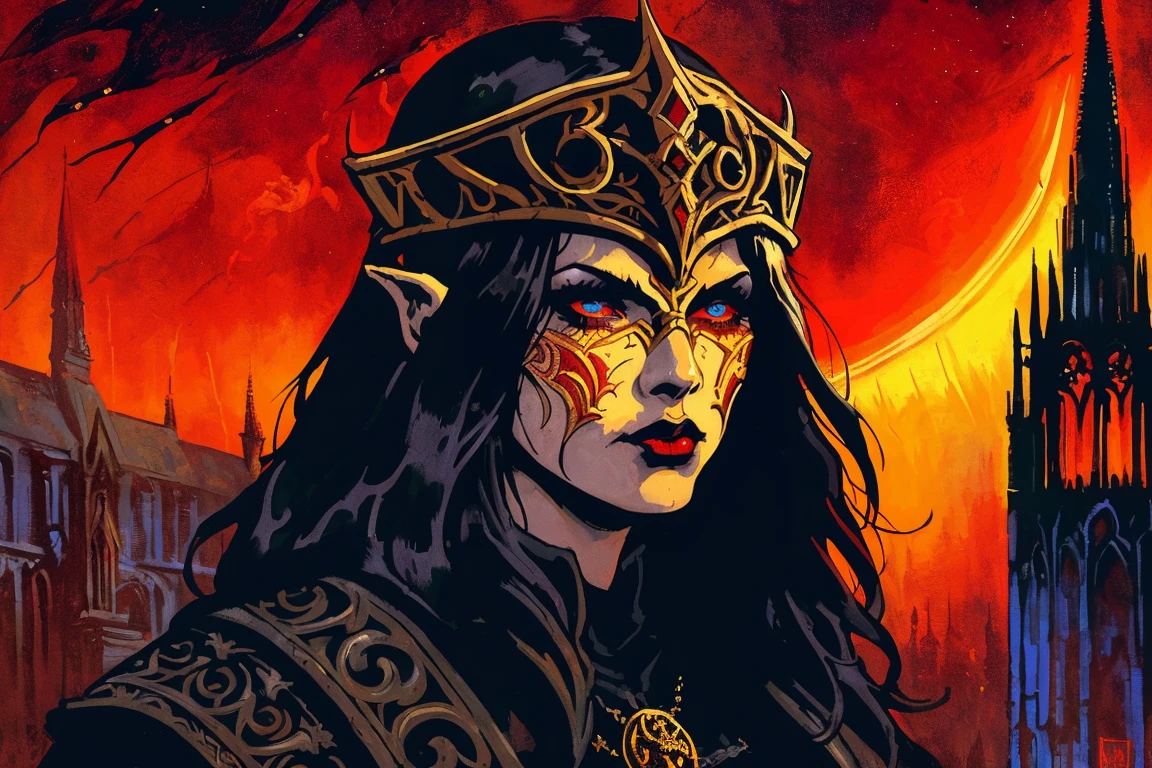 elden ring, bold colors, (by Philippe Druillet and Juan Giménez), erotic illustration of a halfling woman wearing gothic headpiece, (gothic fantasy mask), (Paganism), dark fantasy, outdoors, complex background, red sky, collapsed cathedral in the background, grim, gritty, (symbolism:0.9), oil on canvas, intricate details, [portrait], upper body