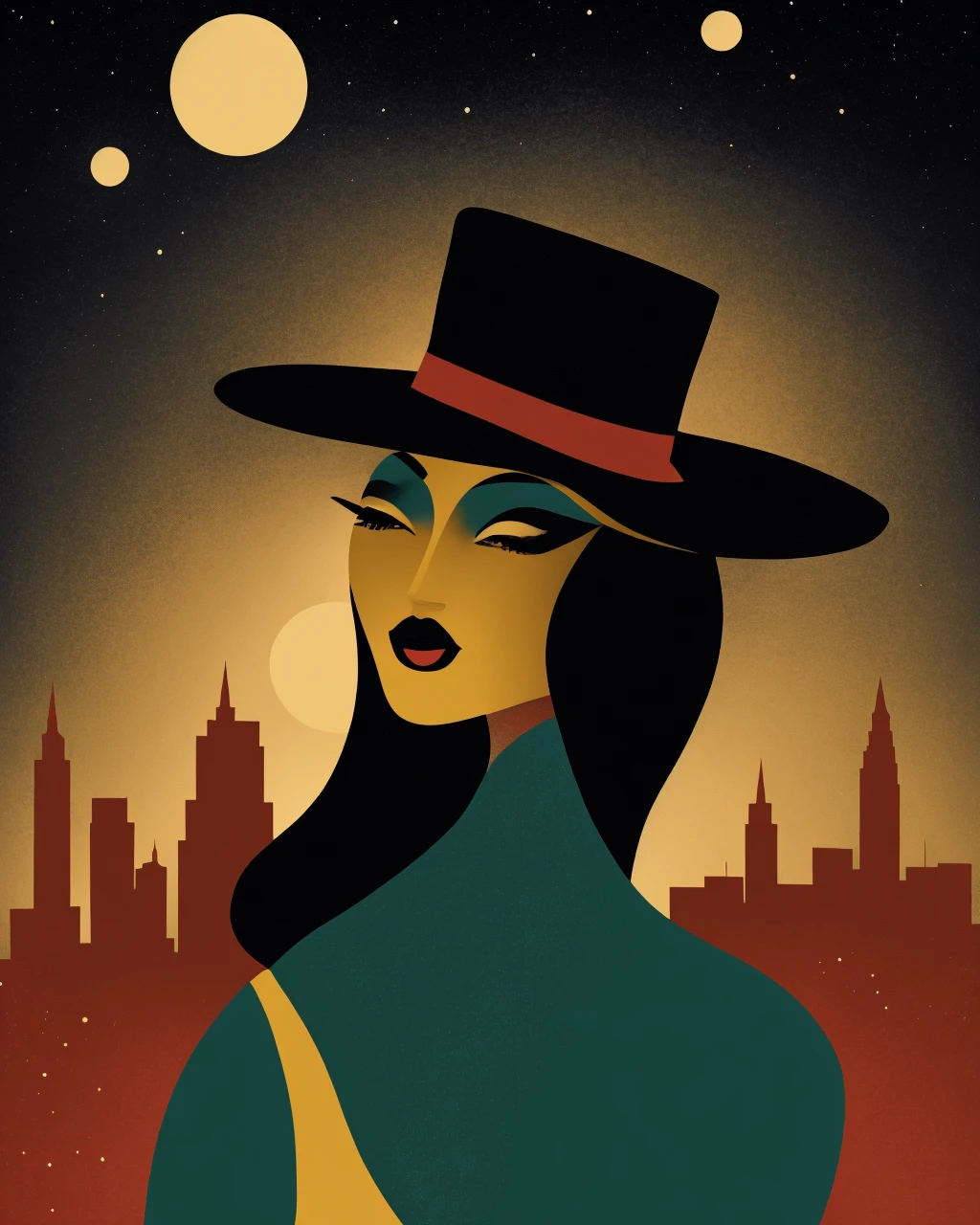 Illustration of a city at night where a woman wearing a hat poses for a picture, black makeup, shiny glossy, dark night, <lora:Vintage_vibes_SD15:0.75> , vintage_vibes