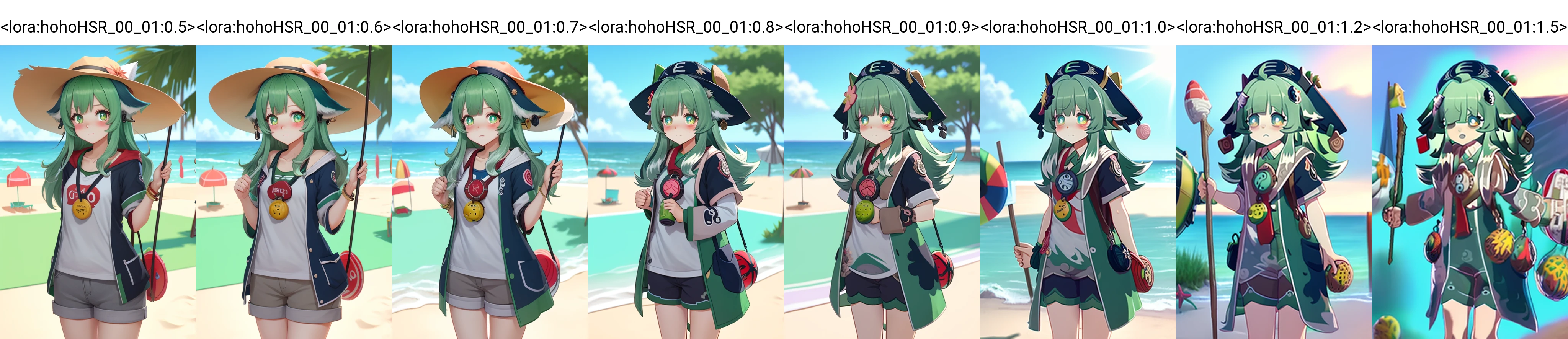 <lora:hohoHSR_00_01:0.5>, (masterpiece), (best quality), (detailed background, best lighting), ultra-detailed, highly detailed, (blush), solo,
<BRAKE>
(beach:1.4),  on stone, on grass, on beach, (colorful flowers), shadow, sunlight, warm, side lighting,
<BRAKE>
hohoo, 1girl, green hair, long hair, jewelry, green eyes, standing, shirt, shorts, hat, looking at viewer, animal ears