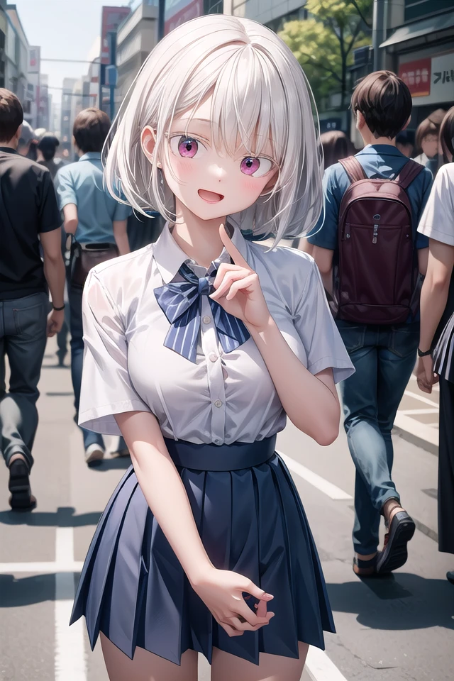 <lora:whiteeyelash_v080:1.5>
insanely detailed, absurdres, ultra-highres, ultra-detailed, best quality,
1girl, solo, nice hands, perfect hands,
BREAK
summer school uniform with indigo blue bowtie, (short sleeves, dark blue skirt, pleated skirt:1.3), (indigo blue:1.3) bowtie, (white shirt:1.3), shirt with white button, (skirt with many pleats:1.4), plain shirt, plain skirt, (striped bowtie:1.3), shirt_tucked_in
BREAK
happy smile, laugh, open mouth, standing,
(45 angle:-1.5), (from side:-1.5),
cute pose, cowboy shot,
BREAK
slender, kawaii, perfect symmetrical face, ultra cute girl, ultra cute face, ultra detailed eyes, ultra detailed hair, ultra cute, ultra beautiful,
BREAK
in harajuku, shibuya, tokyo, street, crowd, cityscape,
BREAK
medium large breasts,
(white hair, red eyes)