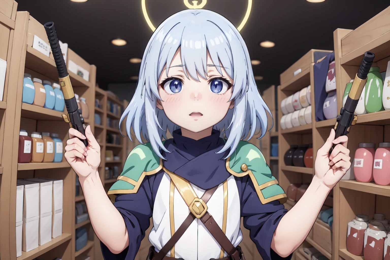masterpiece, best quality, alchemist girl in her store selling things, ultra detailed fantasy, rpg-7, radiating a glowing aura global illumination, copic, upper body, (realistic_nose:-1), (anime coloring:1.2), (flat_color:1)