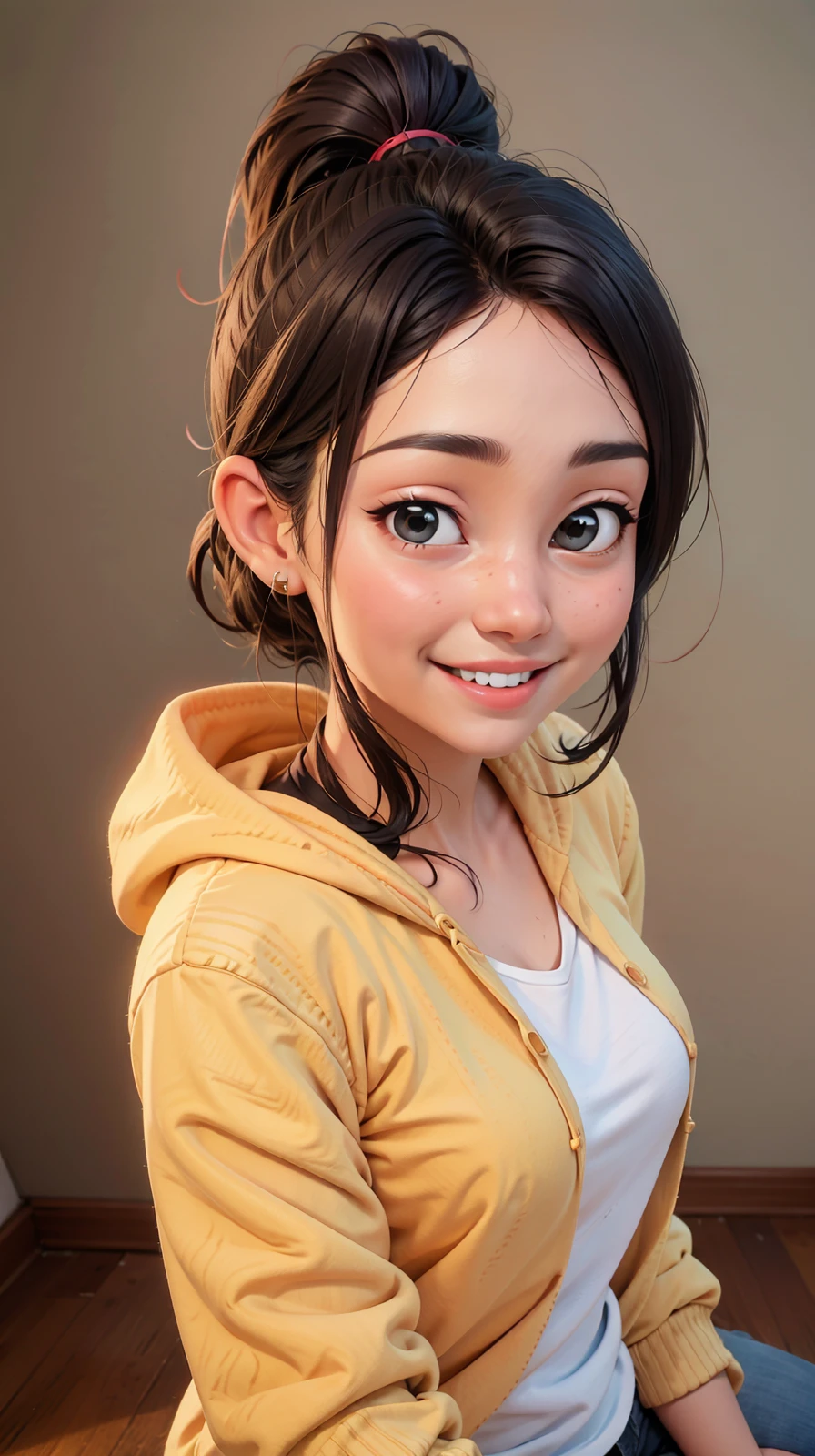 woman,age 20 years old,ponytail,smile,hoodie,portrait,(masterpiece, best quality, highres), <lora:top_view_perspective:0.8>