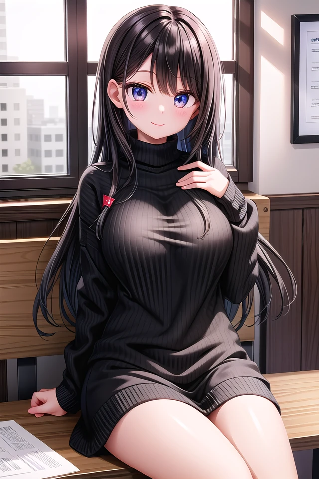insanely detailed, absurdres, ultra-highres, ultra-detailed, best quality,
1 girl, solo, nice hands, perfect hands,
BREAK,
wearing sweater,
happy smile, laugh, closed mouth,
sitting,
45 angle, cowboy shot, looking at viewer,
BREAK,
slender, kawaii, perfect symmetrical face, ultra cute girl, ultra cute face, ultra detailed eyes, ultra detailed hair, ultra cute, ultra beautiful,
by Canon EOS, SIGMA Art Lens 35mm F1.4, ISO 200 Shutter Speed 2000,
BREAK,
indoors, in coffee shop,
medium large breasts,,black hair, long hair, black eyes