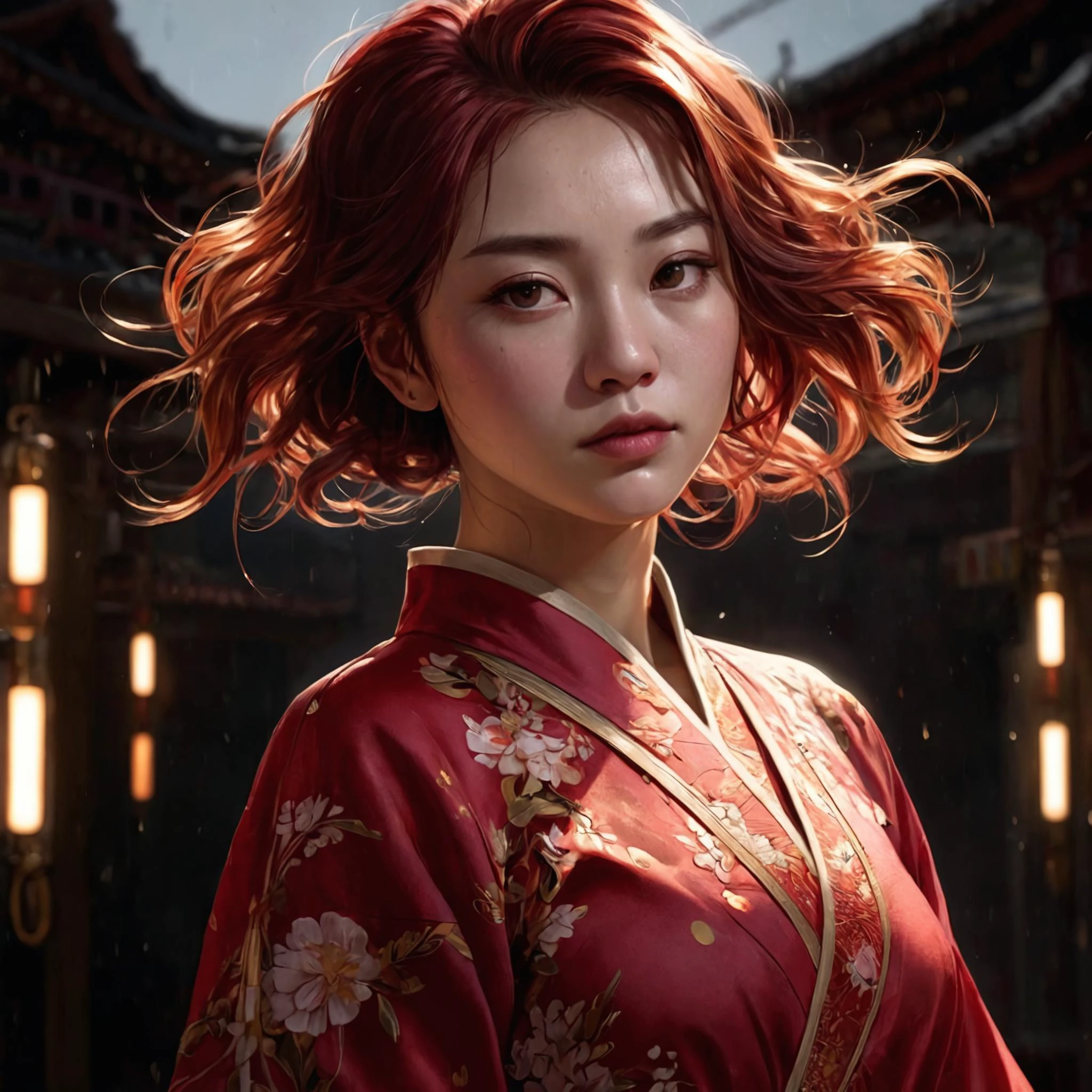 RAW photo, ung_woman, masterpiece, best quality, dynamic pos, ultra detailed, (chinese_clothing), postapocalyptical, full body, fluid movement, light trail, dramatic lighting, red tone, small breasts, short red hair, Photorealistic, Hyperrealistic, Hyperdetailed, analog style, detailed skin, matte skin, soft lighting, subsurface scattering, realistic, heavy shadow, masterpiece, best quality, ultra realistic, 8k, High Detail, film photography, soft focus, fashion