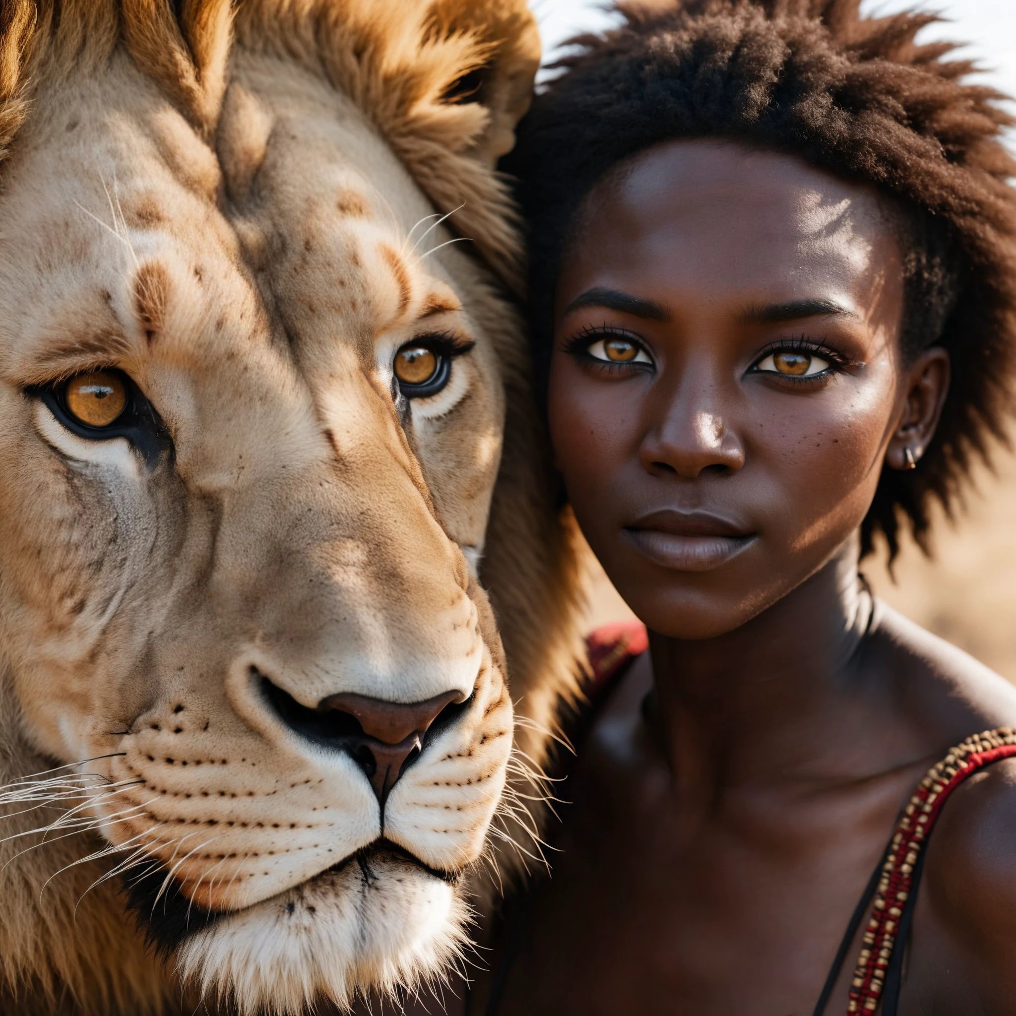 cinematic photo Eye contact with a black 18-year-old woman warrior with short hair in a masai costume petting a 1 male lion's mane in the savanna, sharply chiseled face, highly detailed skin, detailed lion eyes, pitch black skin <lora:polyhedron_all_sdxl-000004:0.35> <lora:xl_more_art:0.35> <lora:sd_xl_offset_example-lora_1.0:0.25> <lora:lora-sdxl-perfect-eyes:0.55> . 35mm photograph, film, bokeh, professional, 4k, highly detailed