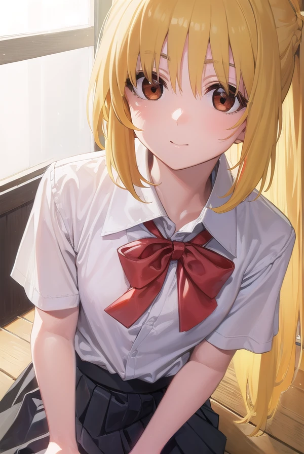 nijikaijichi, <lora:nijikaijichi-lora-nochekaiser:1>,
nijika ijichi, ahoge, (yellow hair:1.5), (brown eyes:1.5), long hair, one side up, (flat chest:1.2), smile,
BREAK (black skirt:1.5), bow, bowtie, collared shirt, pleated skirt, polka dot, polka dot bow, red bow, (red bowtie:1.5), red footwear, shirt, shoes, short sleeves, skirt, socks, (white shirt:1.5), white socks,
BREAK indoors, classroom,
BREAK looking at viewer, (cowboy shot:1.5),
BREAK <lyco:GoodHands-beta2:1>, (masterpiece:1.2), best quality, high resolution, unity 8k wallpaper, (illustration:0.8), (beautiful detailed eyes:1.6), extremely detailed face, perfect lighting, extremely detailed CG, (perfect hands, perfect anatomy),