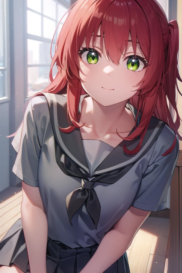 kitaikuyo, <lora:ikuyokita-lora-nochekaiser:1>,
ikuyo kita, (green eyes:1.5), hair between eyes, long hair, one side up, red hair, (flat chest:1.2), smile,
BREAK black footwear, black skirt, grey sailor collar, pleated skirt, sailor collar, school uniform, shoes, short sleeves, shuka high school uniform, skirt,,
BREAK indoors, classroom,
BREAK looking at viewer, (cowboy shot:1.5),
BREAK <lyco:GoodHands-beta2:1>, (masterpiece:1.2), best quality, high resolution, unity 8k wallpaper, (illustration:0.8), (beautiful detailed eyes:1.6), extremely detailed face, perfect lighting, extremely detailed CG, (perfect hands, perfect anatomy),