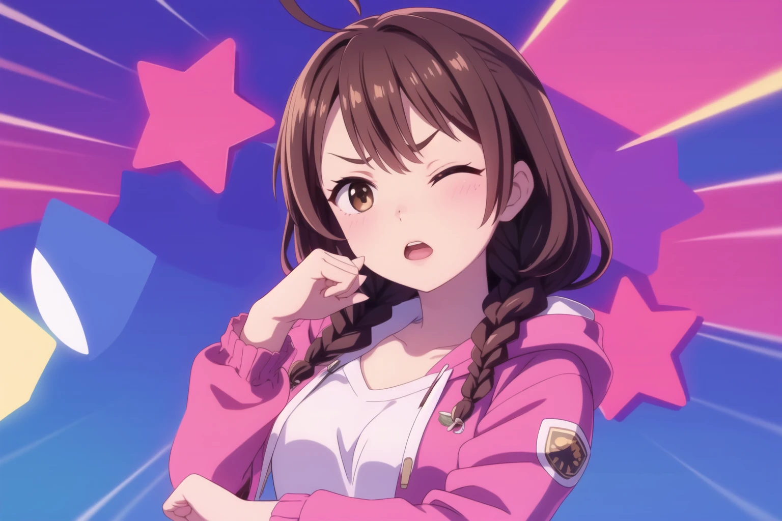 one eye closed, solo, bangs, looking at viewer, upper body, open mouth, hand on chin, brown hair, ahoge, twin braids, hoodie <lora:dsnoo:1.0>