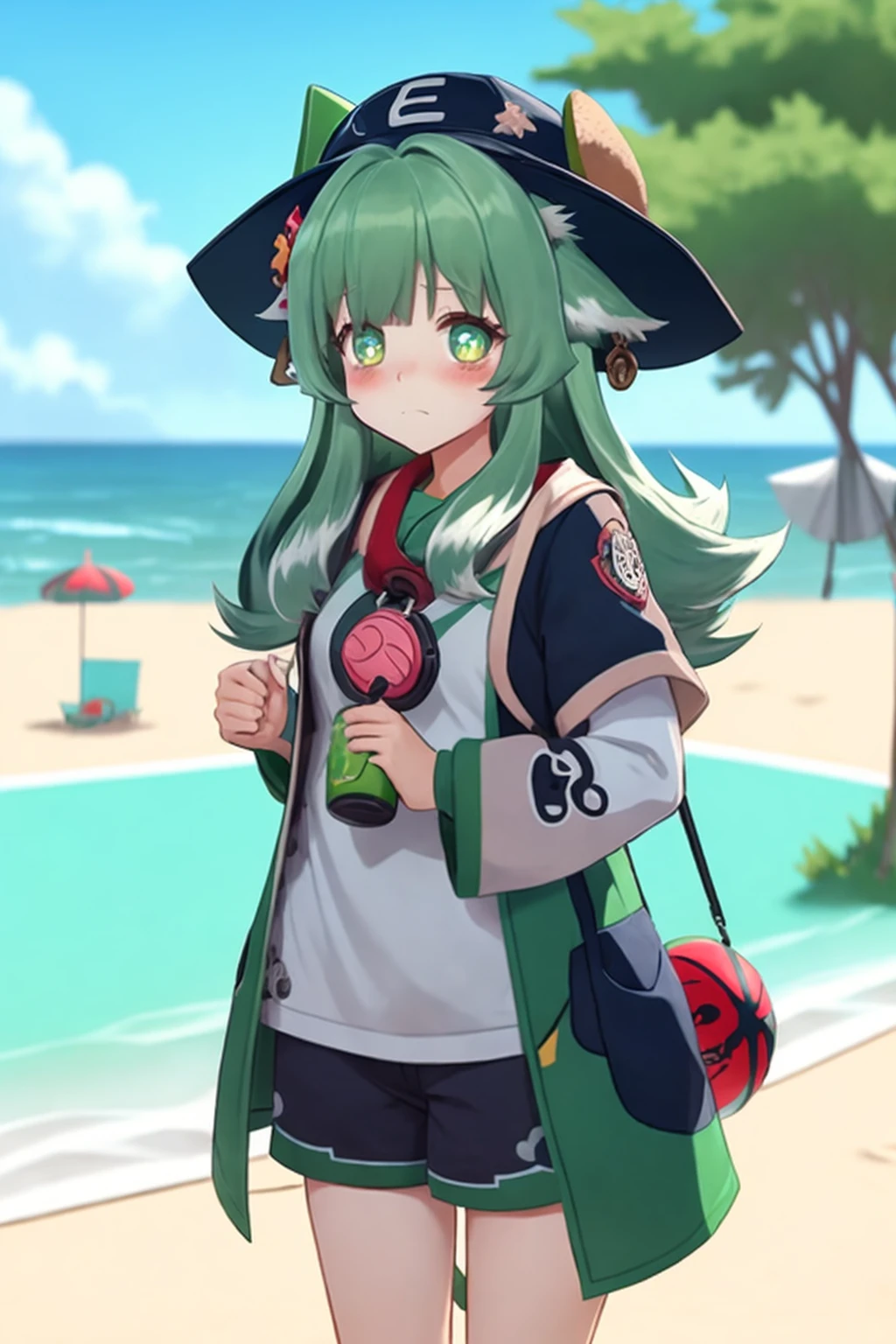 <lora:hohoHSR_00_01:0.8>, (masterpiece), (best quality), (detailed background, best lighting), ultra-detailed, highly detailed, (blush), solo,
<BRAKE>
(beach:1.4), on stone, on grass, on beach, (colorful flowers), shadow, sunlight, warm, side lighting,
<BRAKE>
hohoo, 1girl, green hair, long hair, jewelry, green eyes, standing, shirt, shorts, hat, looking at viewer, animal ears
