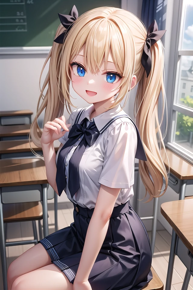 insanely detailed, absurdres, ultra-highres, ultra-detailed, best quality,
1 girl, solo, , nice hands, perfect hands,
BREAK,
wearing summer school uniform,
evil smile, open mouth,
sitting,
45 angle, cowboy shot, looking at viewer,
BREAK,
slender, kawaii, perfect symmetrical face, ultra cute girl, ultra cute face, ultra detailed eyes, ultra detailed hair, ultra cute, ultra beautiful,
by Canon EOS, SIGMA Art Lens 35mm F1.4, ISO 200 Shutter Speed 2000,
BREAK,
indoors, in classroom,
blonde hair, twintails, blue eyes