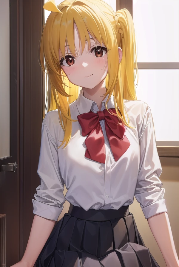 nijikaijichi, <lora:nijikaijichi-lora-nochekaiser:1>,
nijika ijichi, ahoge, (yellow hair:1.5), (brown eyes:1.5), long hair, one side up, (flat chest:1.2), smile,
BREAK (black skirt:1.5), bow, bowtie, collared shirt, pleated skirt, polka dot, polka dot bow, red bow, (red bowtie:1.5), red footwear, shirt, shoes, short sleeves, skirt, socks, (white shirt:1.5), white socks,
BREAK indoors, classroom,
BREAK looking at viewer, (cowboy shot:1.5),
BREAK <lyco:GoodHands-beta2:1>, (masterpiece:1.2), best quality, high resolution, unity 8k wallpaper, (illustration:0.8), (beautiful detailed eyes:1.6), extremely detailed face, perfect lighting, extremely detailed CG, (perfect hands, perfect anatomy),