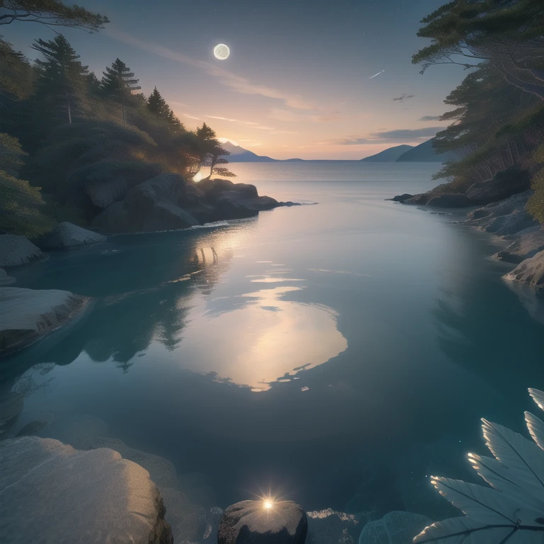 ocean, stars, moon, calm, birds, palm trees, beach, reflections, water tides, 8k, highest resolution, masterpiece, night, fireflies, villa, lights, cloud, cherry blossom, day, fantasy, fish, lake, landscape, high snowy mountain, no_humans, ocean, outdoors, river, scenery, sky, splashing, water, watercraft, waterfall, waves, ultra realistic, photorealistic, sea, ocean, (reflection), (ray tracking), (unreal engine), (Japanese), top view, high elevation, (water reflection), (clear water), photorealistic, 8k, unreal engine, super great 3d render, 3d, 3d ray tracking, liquid, super high quality, (super close look at water)