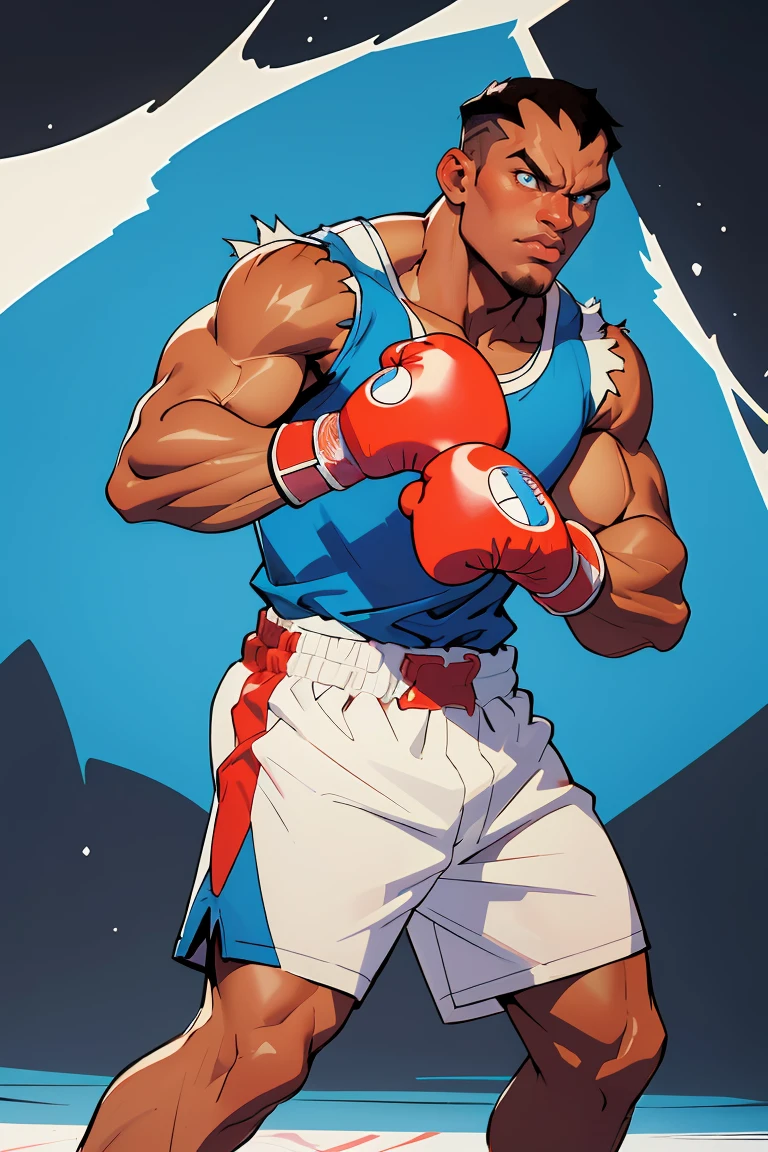 (best quality, masterpiece, ultra detailed:1.2),SFBalrog,boxing gloves,blue sleeveless t-shirt,blue shorts,fighting pose,boxing arena,detailed eyes,best quality,masterpiece,highres,perfect picture,highly detailed,high contrast,digital colors,bright colors,perfect face,looking to viewe,<lora:SFBalrogv2-stasis:0.8>,