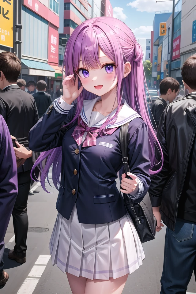 insanely detailed, absurdres, ultra-highres, ultra-detailed, best quality,
1girl, solo, 16 years old, nice hands, perfect hands,
BREAK,
(wearing school uniform),
happy smile, laugh, open mouth,
standing, cowboy shot,
BREAK,
slender, kawaii, perfect symmetrical face, ultra cute girl, ultra cute face, ultra detailed eyes, ultra detailed hair, ultra cute, ultra beautiful,
BREAK,
in harajuku, shibuya, tokyo, street, crowd, cityscape,
small breasts
BREAK,
(purple hair, purple eyes)
